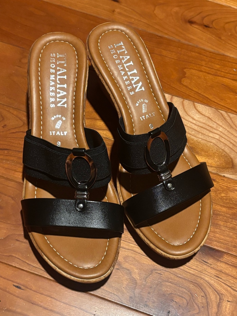 Italian Shoemakers Black and Tan Cork Wedge Sandals